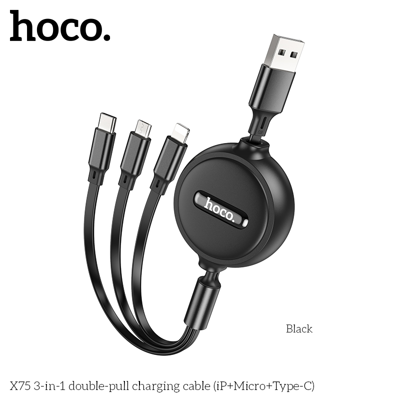 Dây sạc nhanh 3 đầu 2A hàng chính hãng Hoco X75 3in1 dây rút dẹt đa năng chất liệu TPE dài 1M Hoco Mall