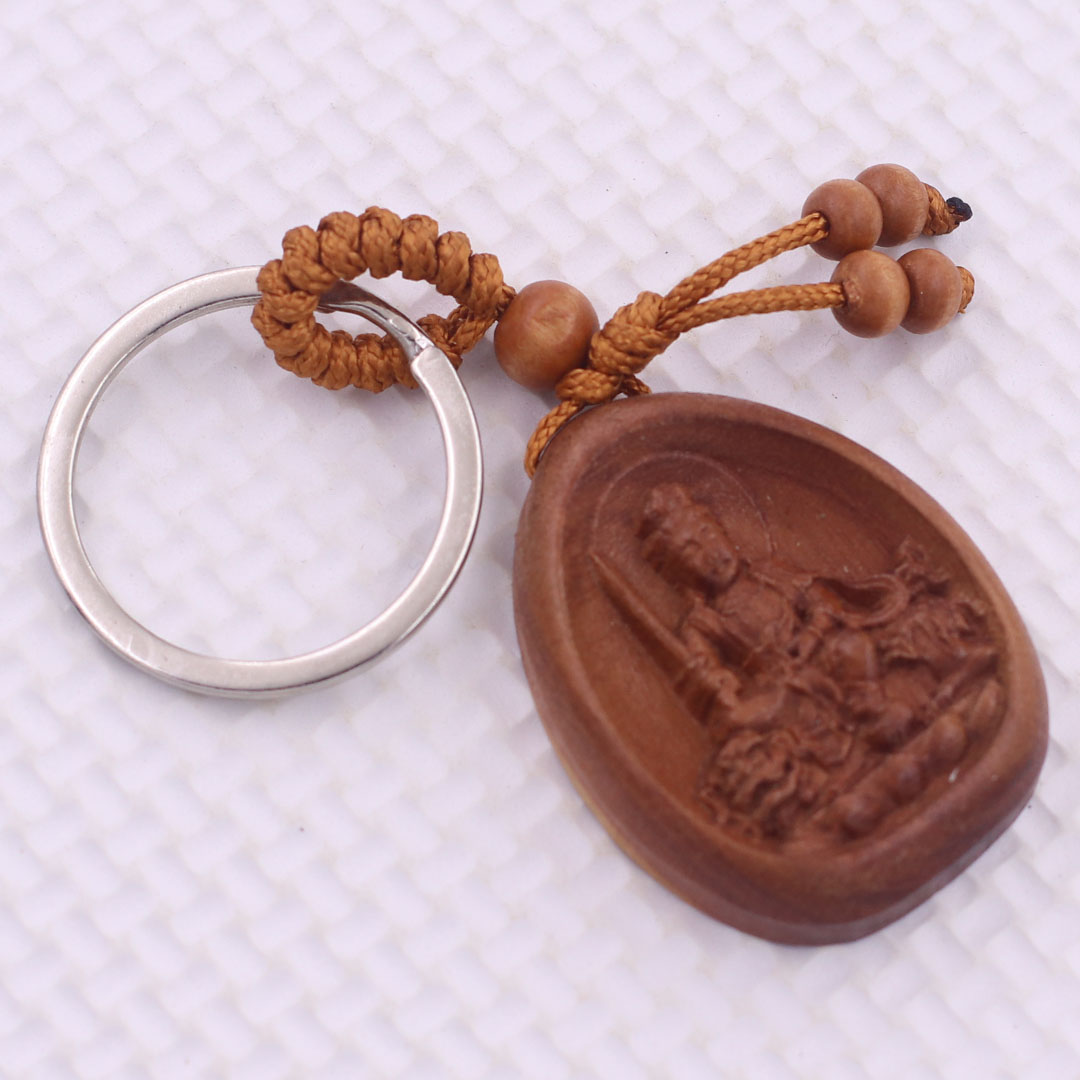 Móc chia khóa Phật Văn thù gỗ đào, móc chìa khóa Phật bản mênh