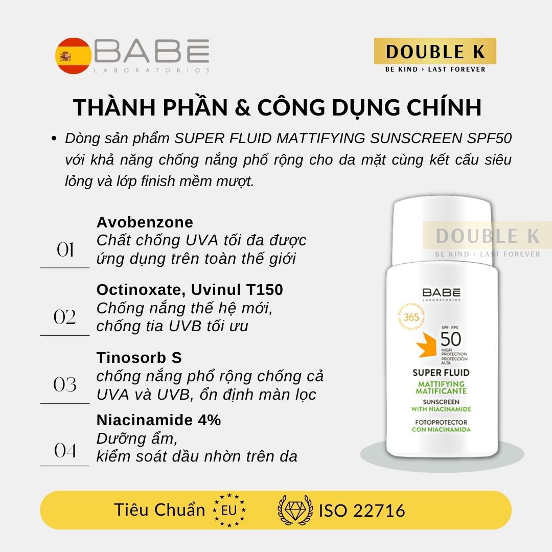 Kem Chống Nắng Kiềm Dầu BABE Super Fluid Mattifying Sunscreen SPF 50 - Double K