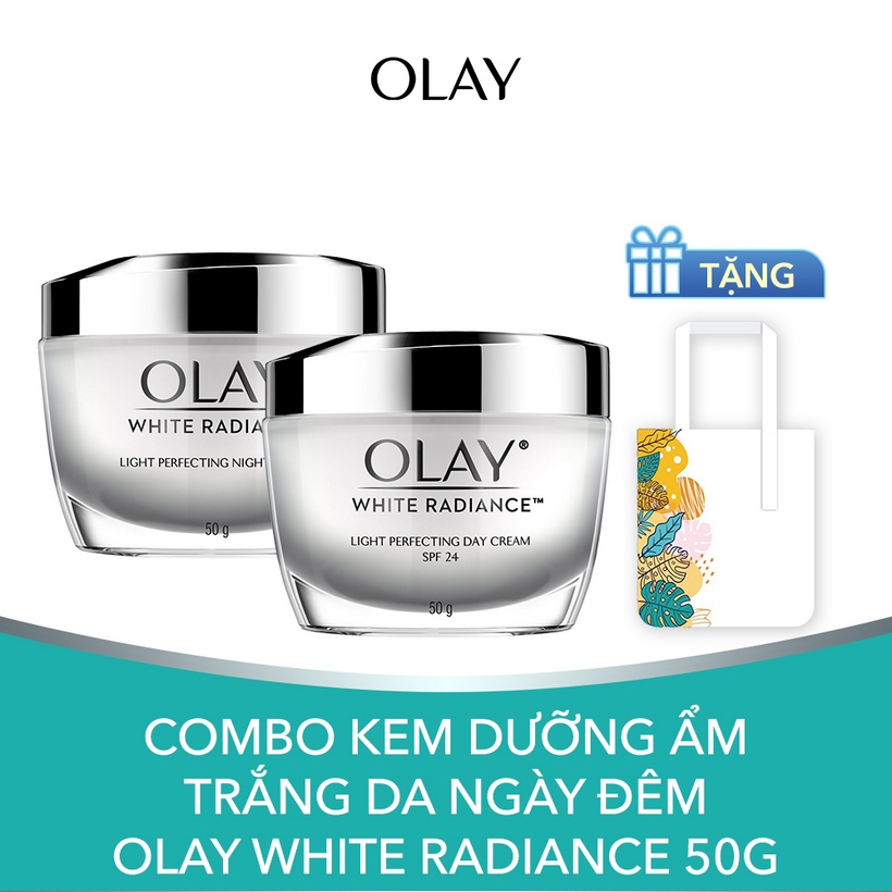 Combo Kem Dưỡng Ẩm Trắng Da Ngày Đêm Olay White Radiance 50g [Tặng Túi Tote Thiết Kế Mới]