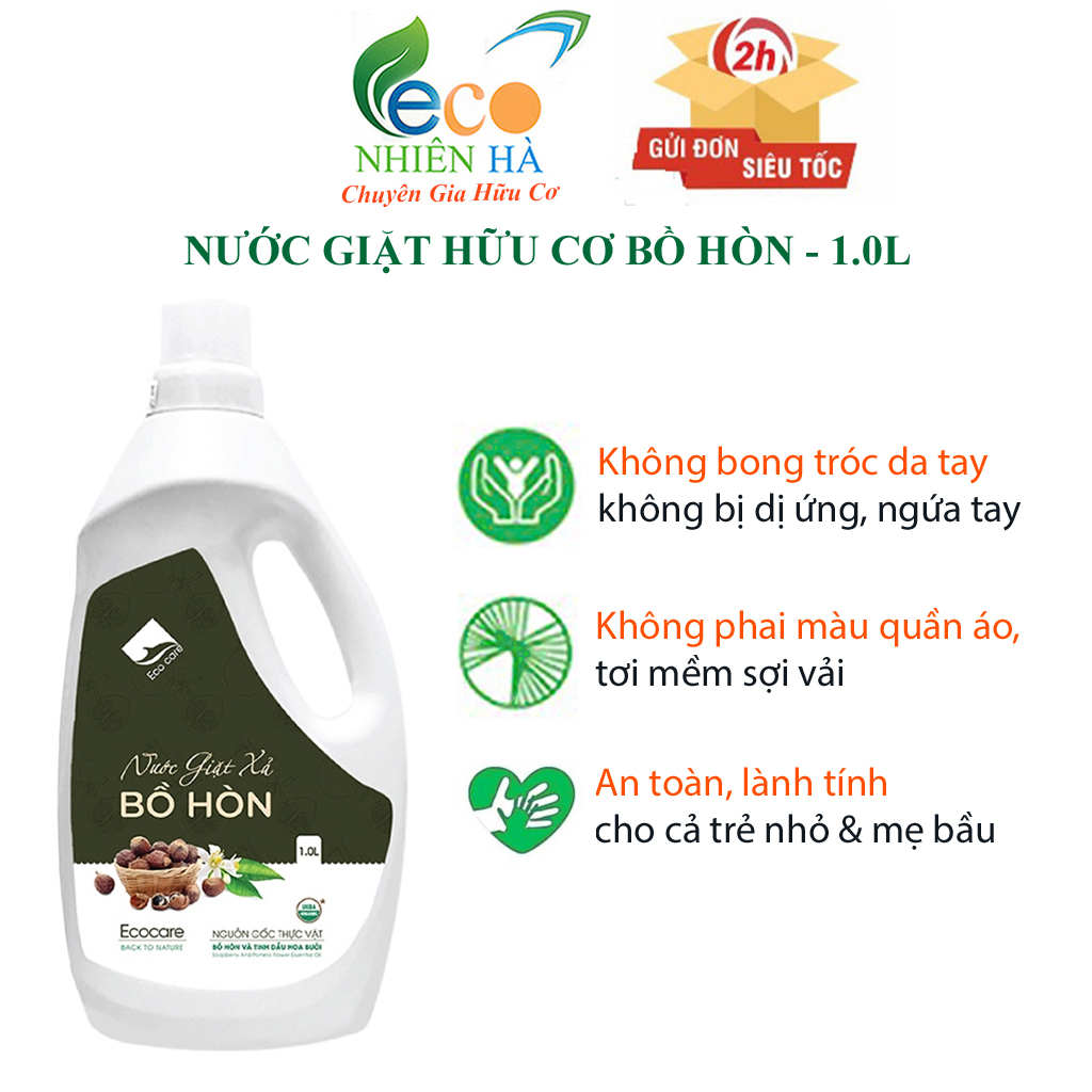 Nước giặt xả ECOCARE 1L tinh dầu bưởi, nước giặt hữu cơ an toàn cho bé, không hại da tay