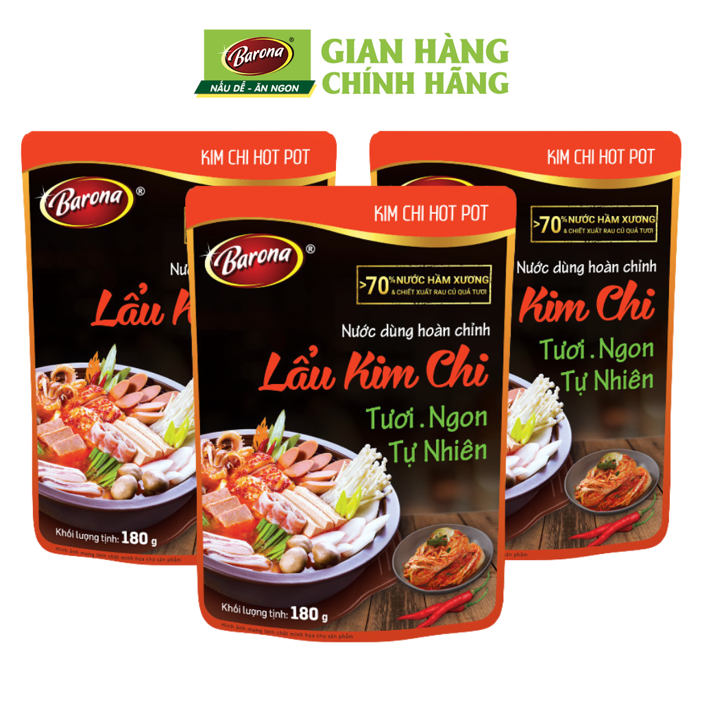 Combo 3 gói Nước dùng Lẩu Kim Chi Barona 180g tươi ngon chuẩn vị không cần nêm nếm