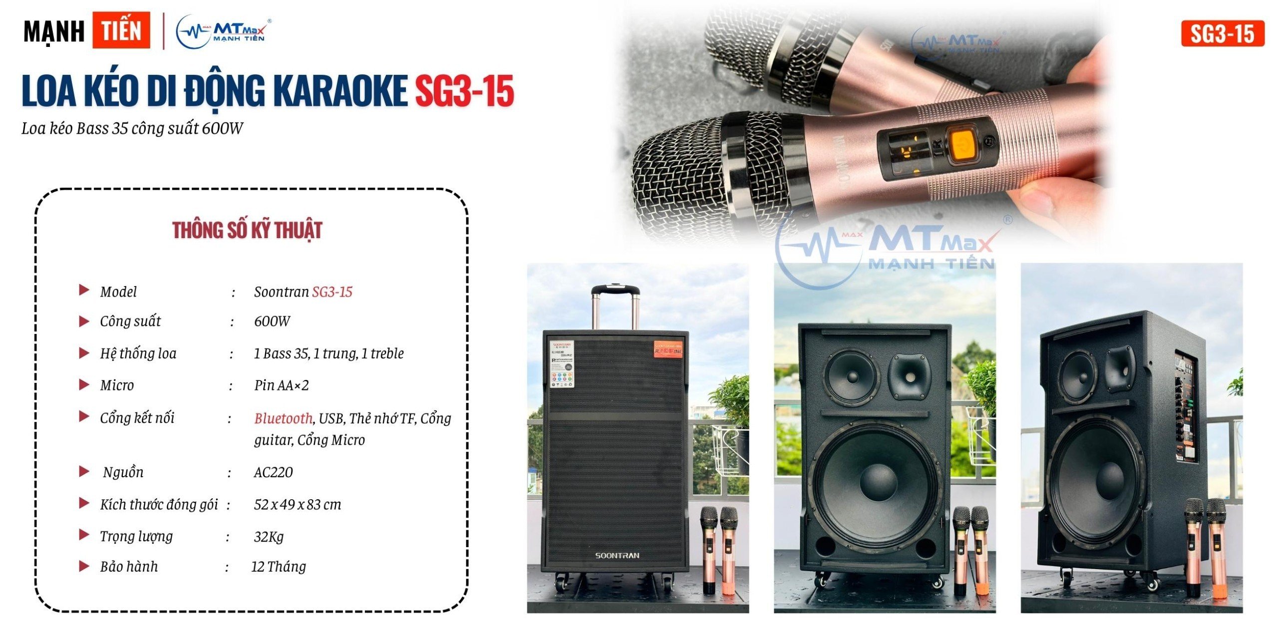 Loa Kéo Có Micro Hay Bậc Nhất Soontran SG315 Bass 35cm Công Suất 600W Tùy Chỉnh Bass, Treble, Echo, Delay Hàng chính hãng