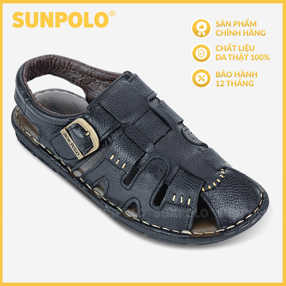 Giày Sandal Nam Da Bò Bít Mũi Cao Cấp SUNPOLO SDA011 (Đen, Nâu)