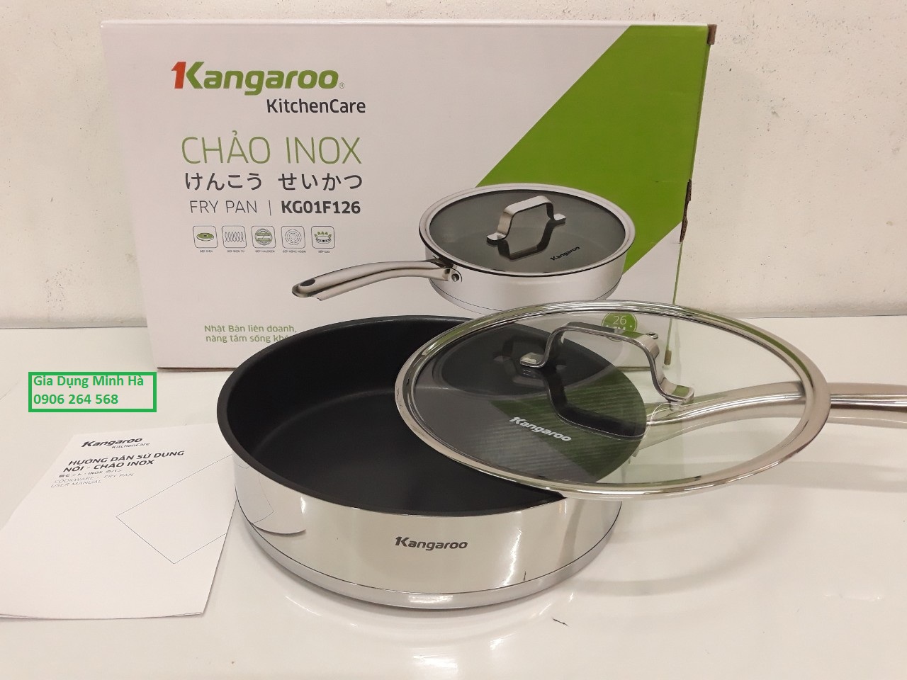 Chảo inox chống dính đáy từ nắp kính 26 cm Kangaroo KG01F126 hàng chính hãng