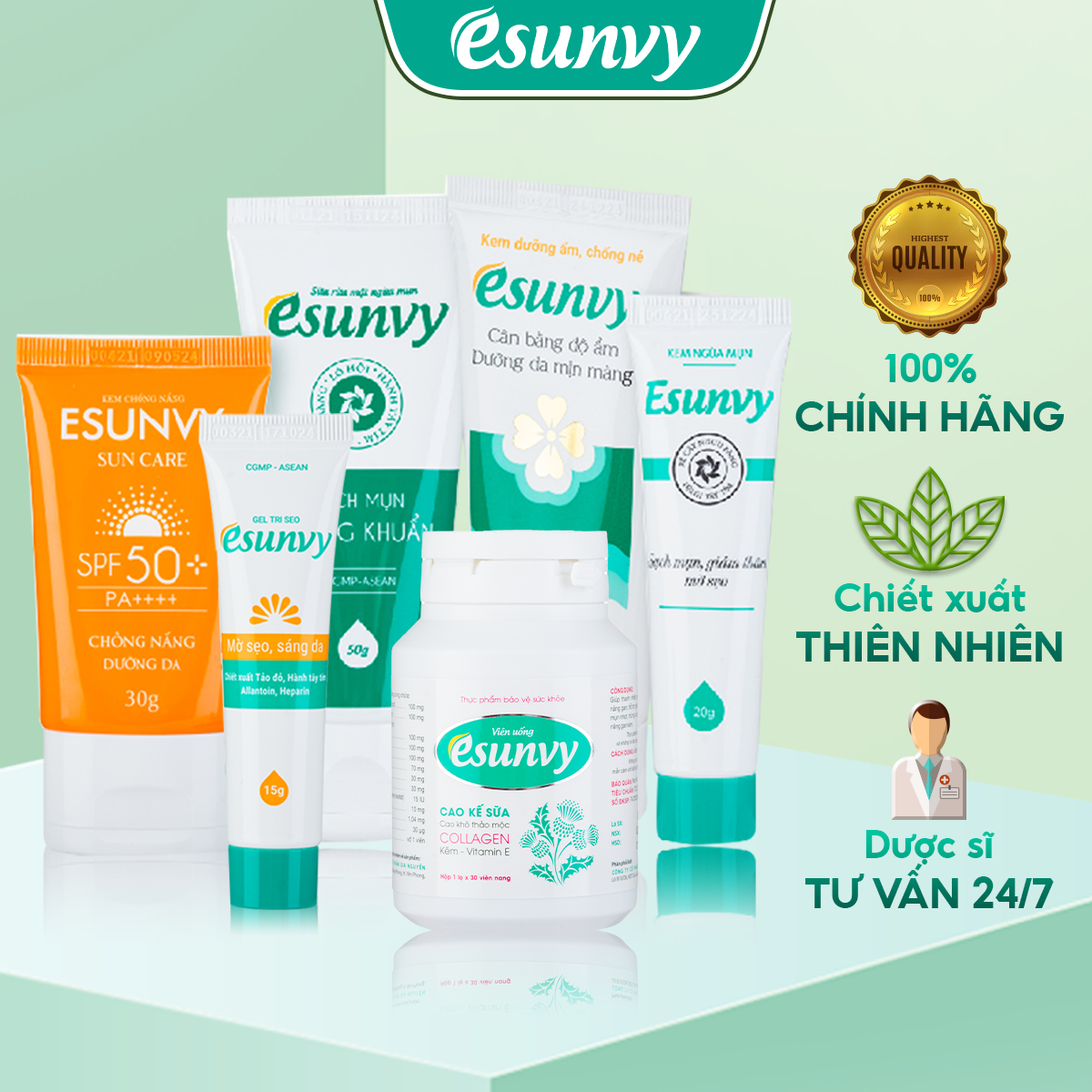 Bộ Chăm Sóc Da Sẹo Mụn &amp; Chống Nắng Hiệu Quả Esunvy - Giúp Sạch Mụn, Hết Thâm, Mờ Sẹo, Lành Tính CSDSMCN