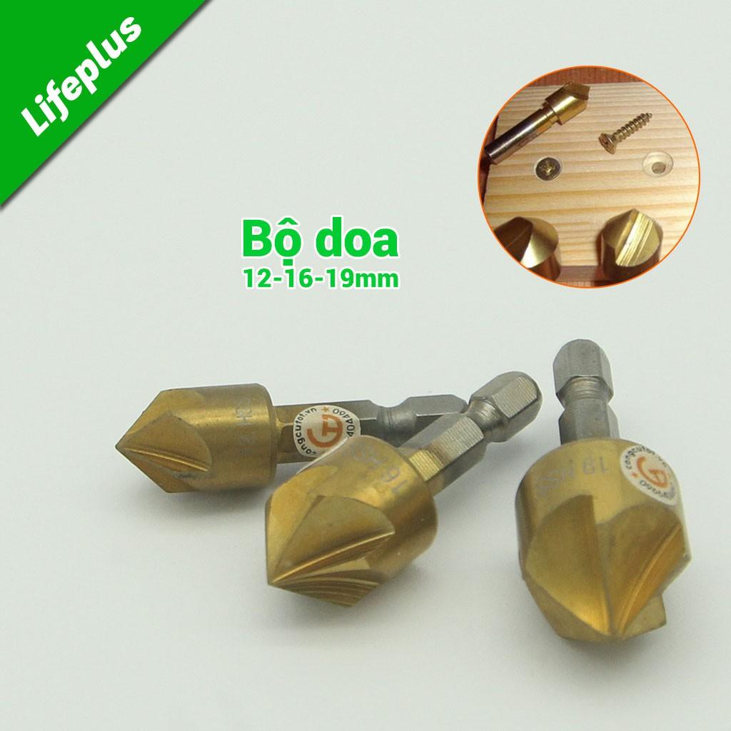 Bộ 3 mũi doa lỗ khoan 12-16-19mm HSS TiN chuôi lục