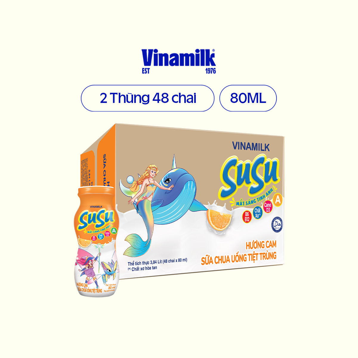 2 Thùng Sữa chua uống SuSu IQ Hương Cam chai x 80ml - 48 chai/Thùng