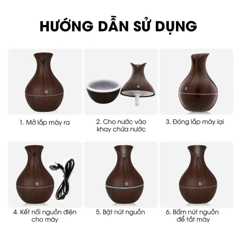 Máy xông tinh dầu vân gỗ phun sương có đèn led trang trí làm cái để phòng riêng giúp thư dãn, giảm stress mệt mỏi.