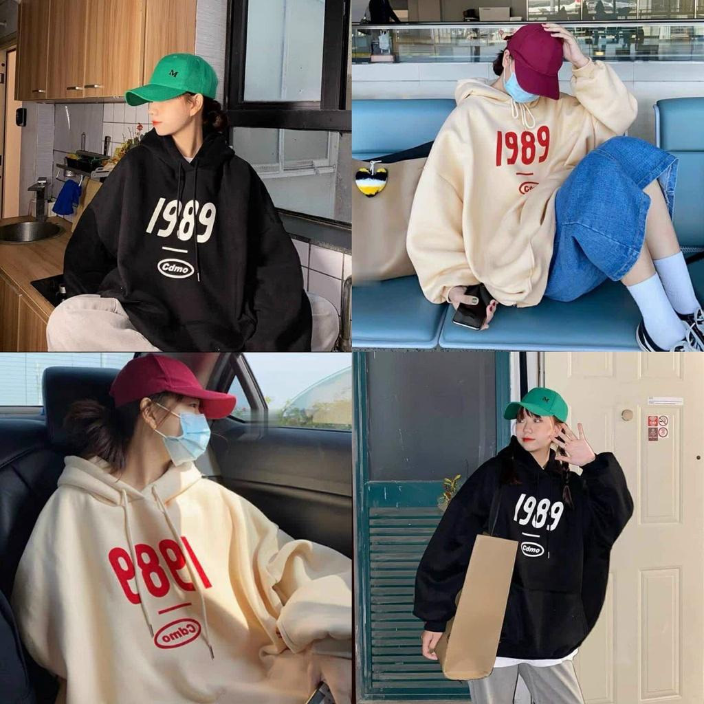 ÁO KHOÁC HOODIE NỈ NGOẠI  họa tiết in số 1989 có 2 màu đen kem