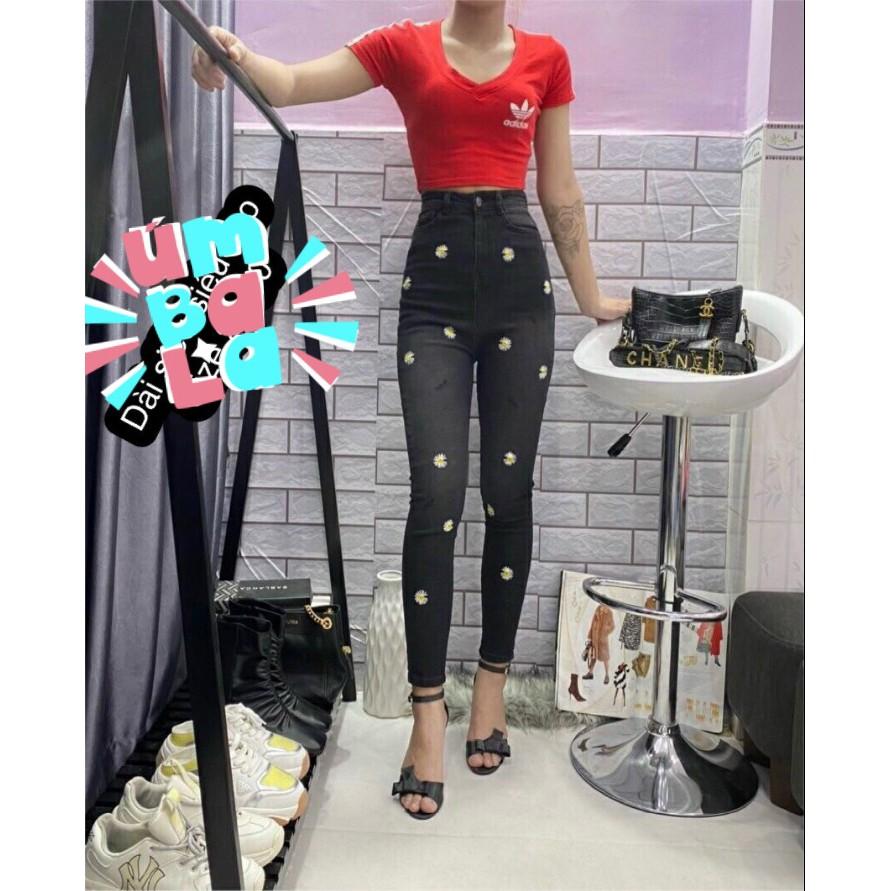 Quần jean nữ dài, mẫu thêu hoa cúc nhí ,ôm body , lưng cao, lên dáng cực xinh