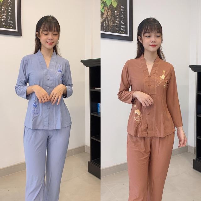 Đồ đi chùa thun cho tuổi trung niên thêu sen_ bigsize 70kg