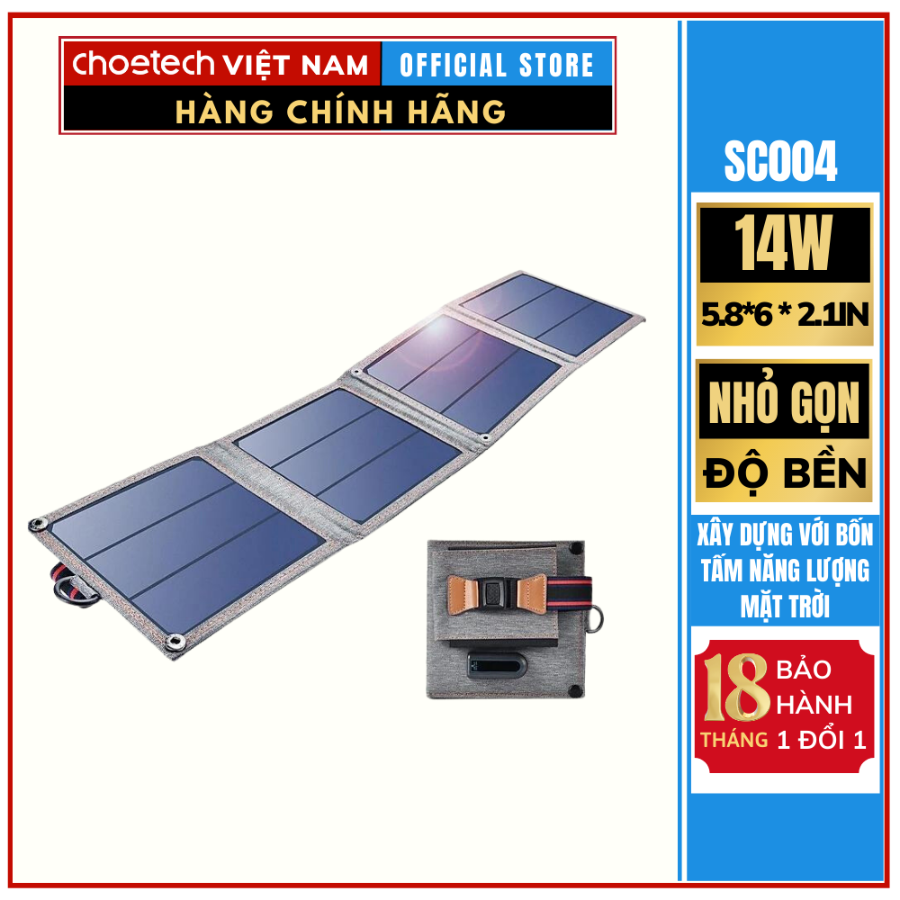 Bộ sạc năng lượng mặt trời thông minh di động gấp gọn 14W Choetech SC004
