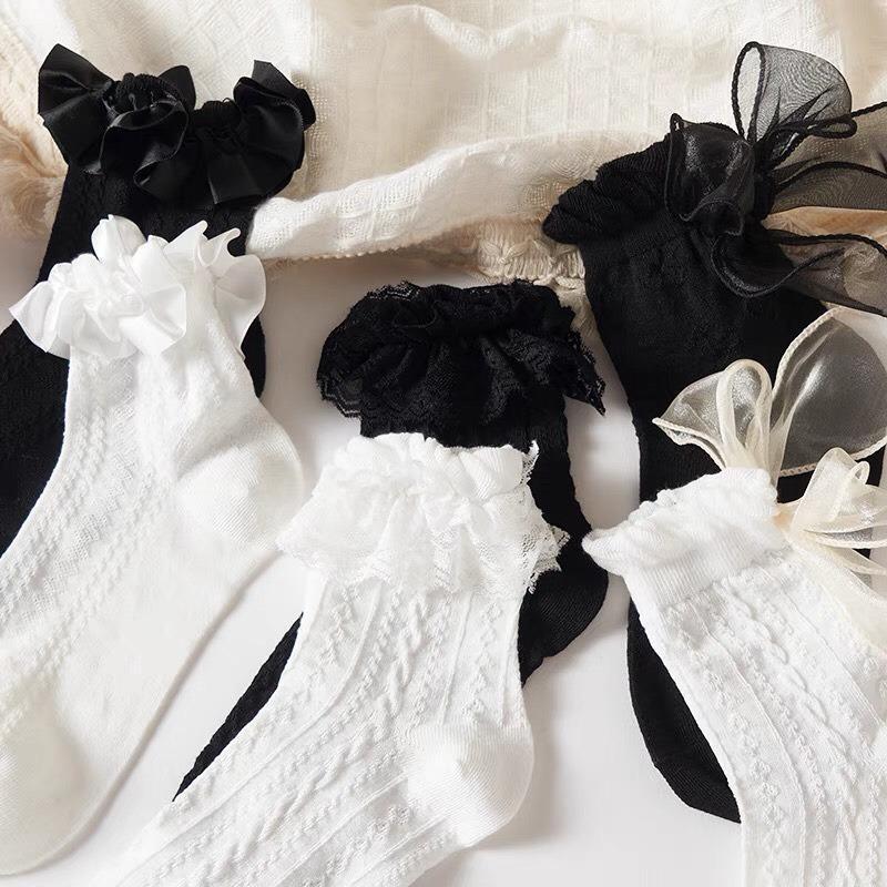 Tất, vớ cổ chân dệt kim GÂN THỔ CẨM VIỀN REN HOA ĐÍNH NƠ phong cách Lolita NhậtBản, cogiãn thoáng khí cho nữ Women