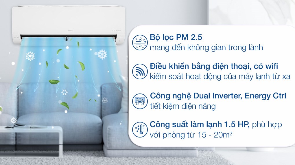 Điều hòa LG V13WIN1 1.5HP (phòng 20m²) | Điều hòa 1 chiều 12000BTU lọc bụi mịn PM2.5 | Công nghệ inverter tiết kiệm điện | Hàng chính hãng