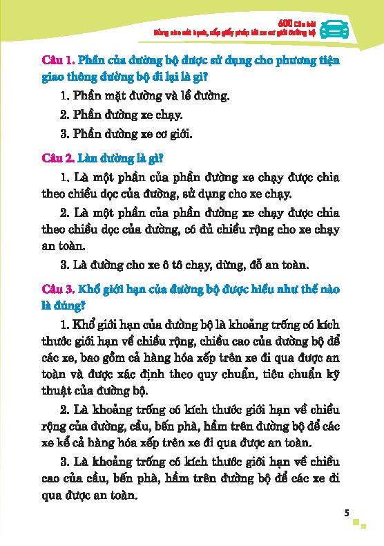 Sách - 600 Câu Hỏi Dùng Cho Sát Hạch, Cấp Giấy Phép Lái Xe Cơ Giới Đường Bộ