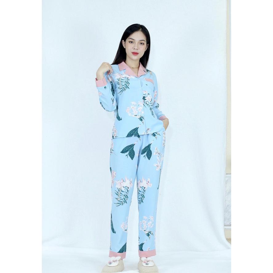 Bộ đồ Pijama nữ dài họa tiết NỀN XANH HOA LÁ Cực Kì Sang Chả