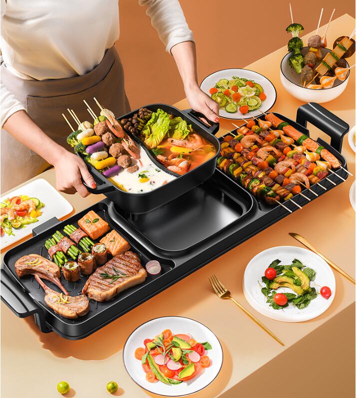 Bếp lẩu nướng điện gia đình 2 ngăn, nồi lẩu có thể tách rời Electric Barbecue Grill Multi-function BBQ