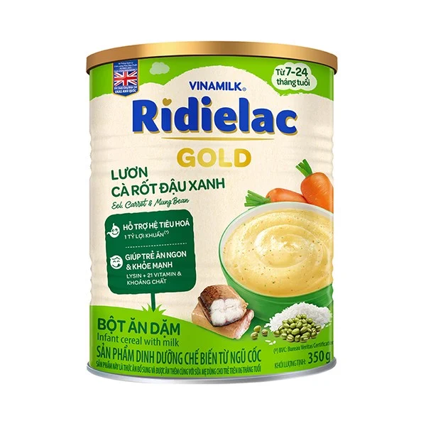 BỘT ĂN DẶM RIDIELAC GOLD LƯƠN CÀ RỐT ĐẬU XANH - HỘP THIẾC 350G