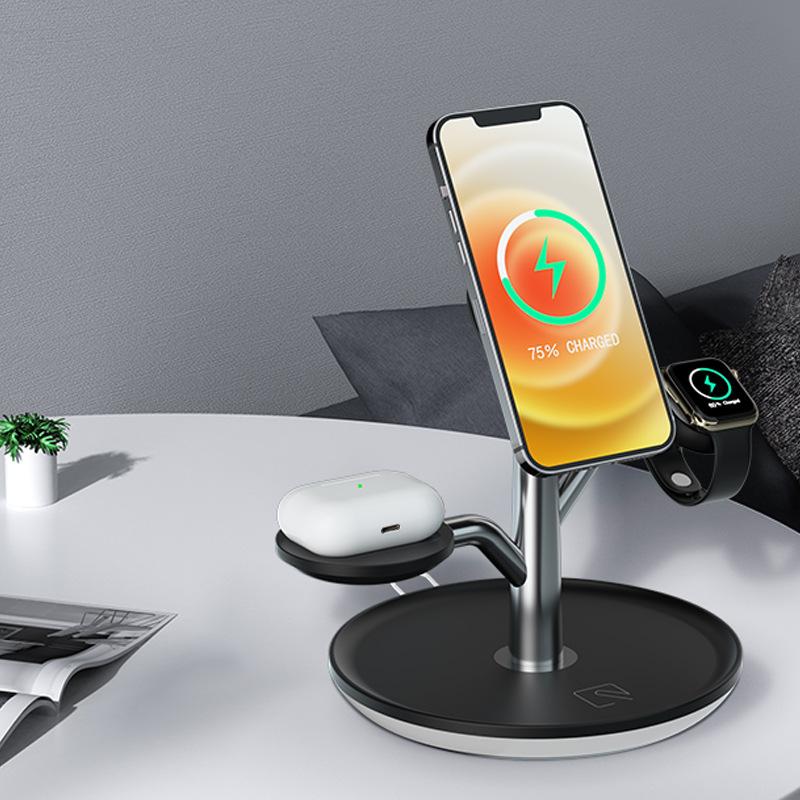 Giá đỡ hút nam châm kiểu dáng mới nhất sạc nhanh không dây Magsafe phù hợp với điện thoại di động Apple đồng hồ tai nghe bộ sạc không dây ba trong một