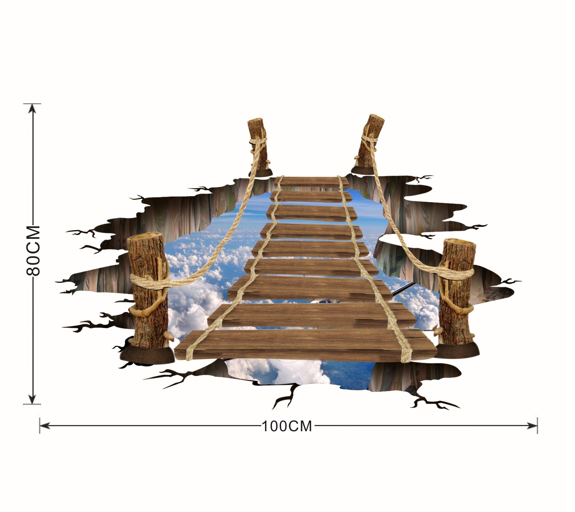 Tranh decal dán tường 3D, giấy dán tường 3D trang trí phòng khách &quot;Cầu gỗ lên trời&quot;