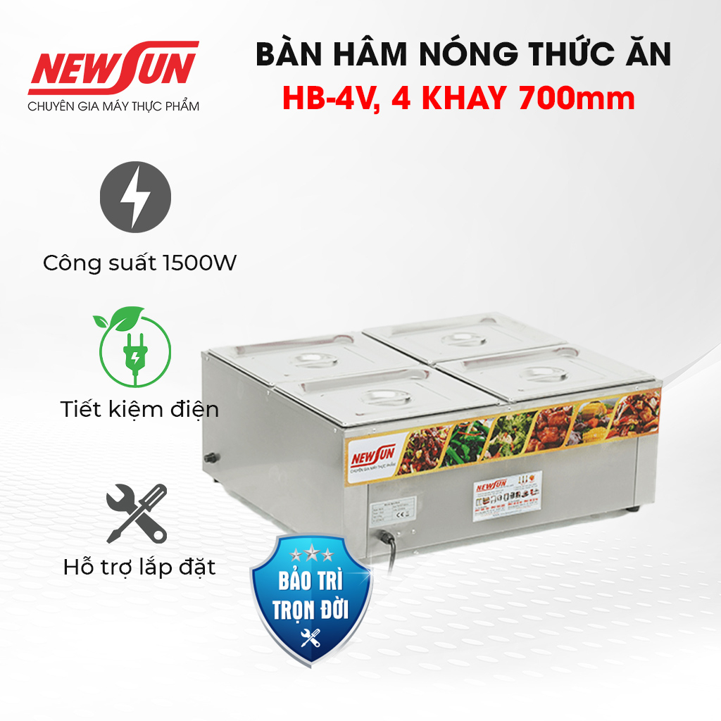 Bàn hâm nóng thức ăn HB-4V thiết kế 4 khay 700mm 1.5kw 220V NEWSUN - Hàng chính hãng