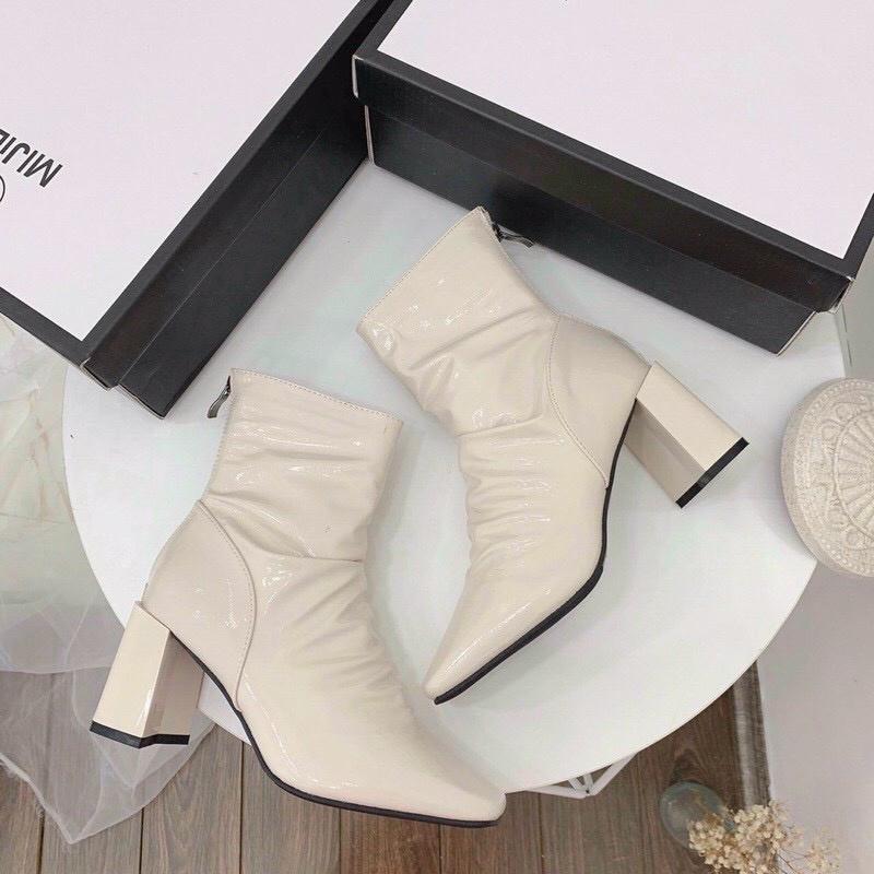 Giày bốt ulzzang, BỐT NHĂN KÉO KHÓA sau da bóng siêu xinh - 2 màu đen kem