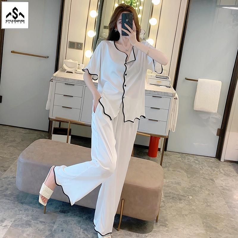 Set Quần Áo Pijama Nữ Ngắn Tay Vải Lụa Cao Cấp Màu Trắng Thanh Lịch Thời Trang STYLE MARVEN - WM SET 015V1