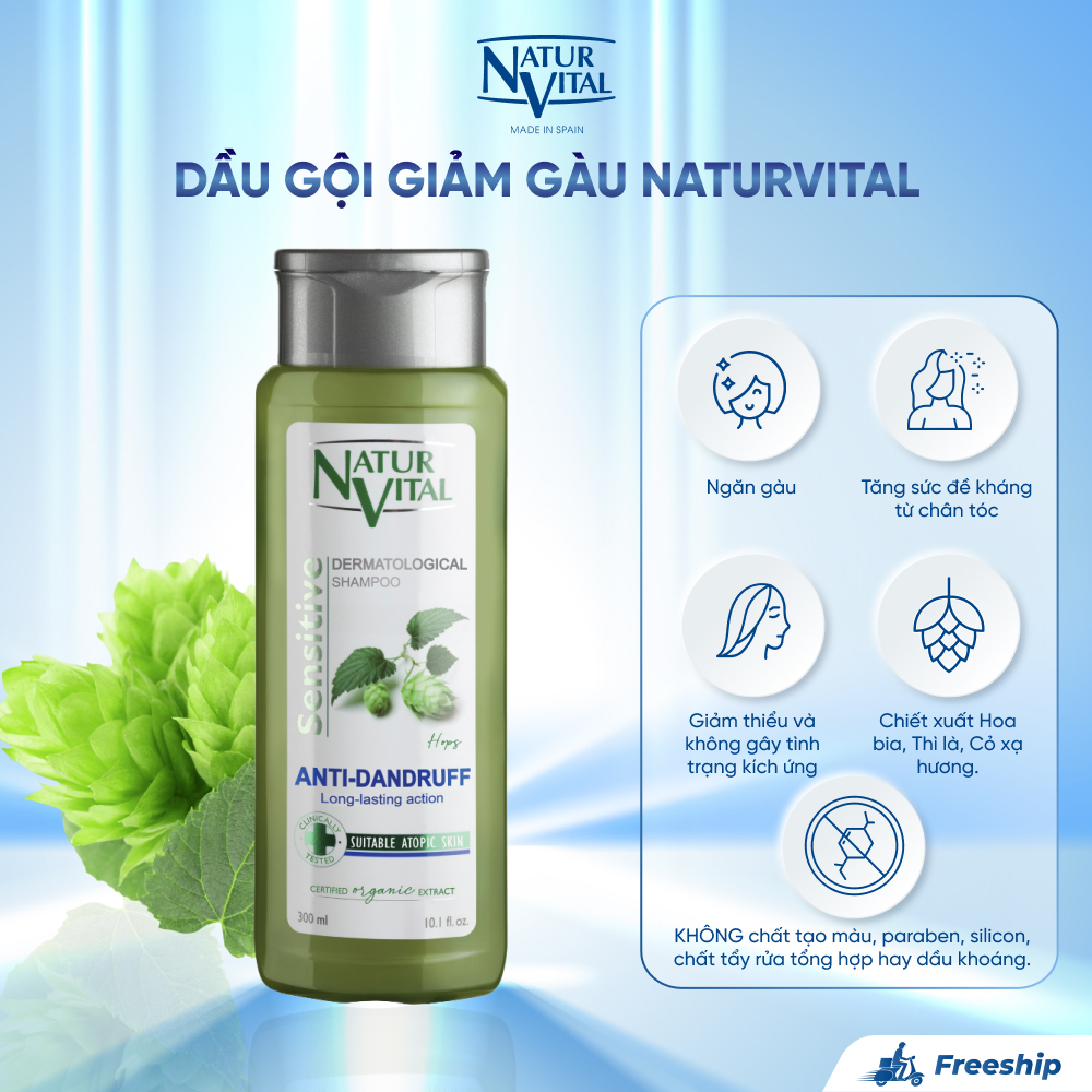 Dầu Gội Ngăn Ngừa Gàu NaturVital Sensitive Anti-Dandruff Chiết Xuất Hoa Bia, Quả Thì Là & Cỏ Xạ Hương Dịu Nhẹ Da Đầu, Giúp Tăng Đề Kháng Chân Tóc