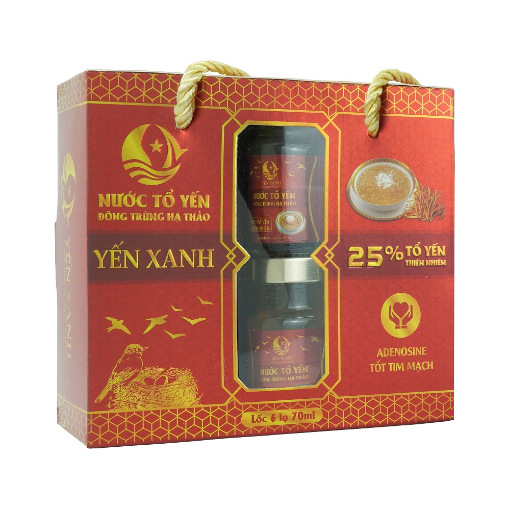 25% tổ yến - Nước tổ yến chưng đông trùng hạ thảo - YẾN XANH - Lốc 6 lọ x 70ml có quai xách