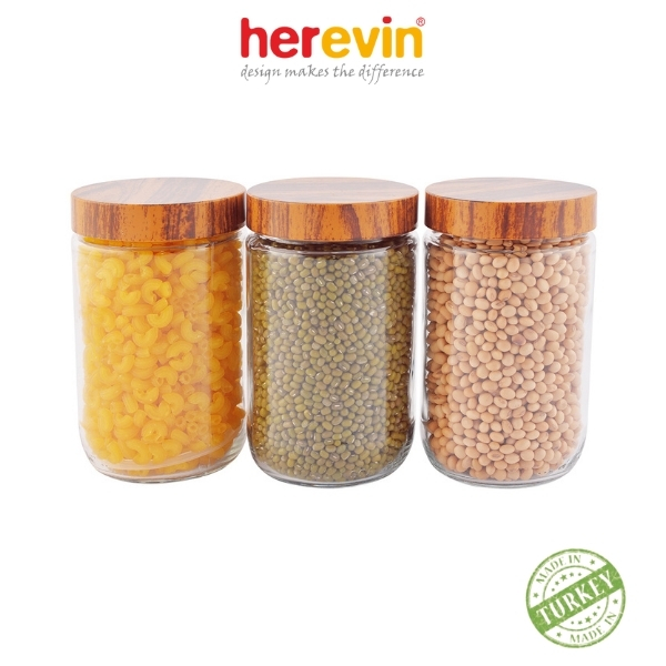 Bộ 3 Hũ Thủy Tinh Herevin Tròn Trơn Nắp Woody 660ml - HEHU231367-205