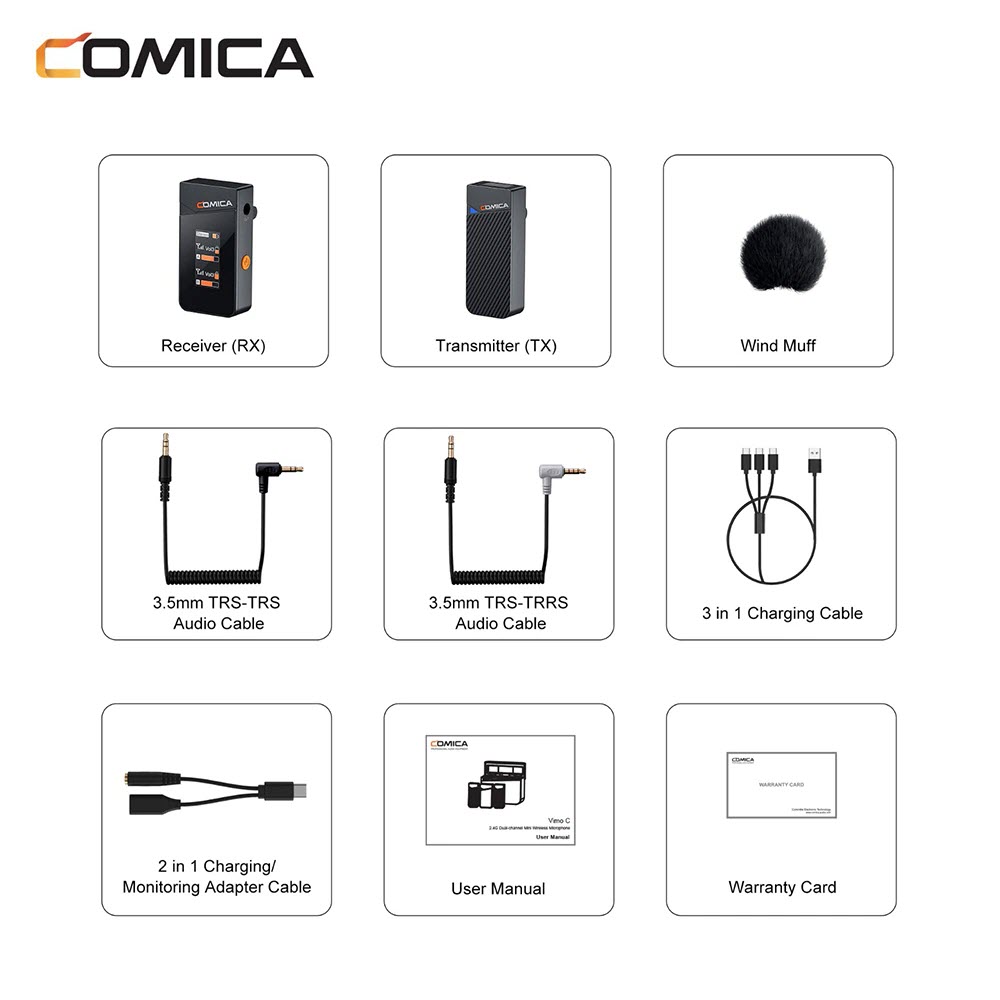 ROGTZ - Micro Thu Âm Không Dây Vimo  C Âm Thanh Chất Lượng Cao Lọc Tiếng Ồn Phạm Vi Thu Phát Song Rộng 200m Pin Lâu Hỗ Trợ Kiểm Âm Sạc Điện Thoại Dễ Sử Dụng Youtube Vlog Livestream Ghi Âm Giọng Nói 1/2 Micro  2.4GHz DSP 24bit/48kHz Hàng Chính Hãng