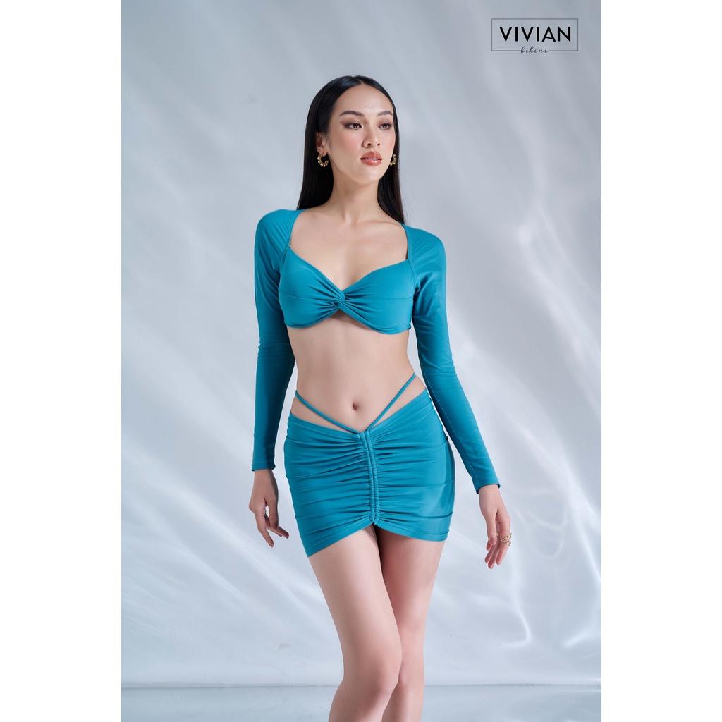 Đồ bơi nữ cao cấp dạng hai mảnh áo gọng tay dài, quần váy nhún phối dây cách điệu - Xanh da trời - VS195_BU