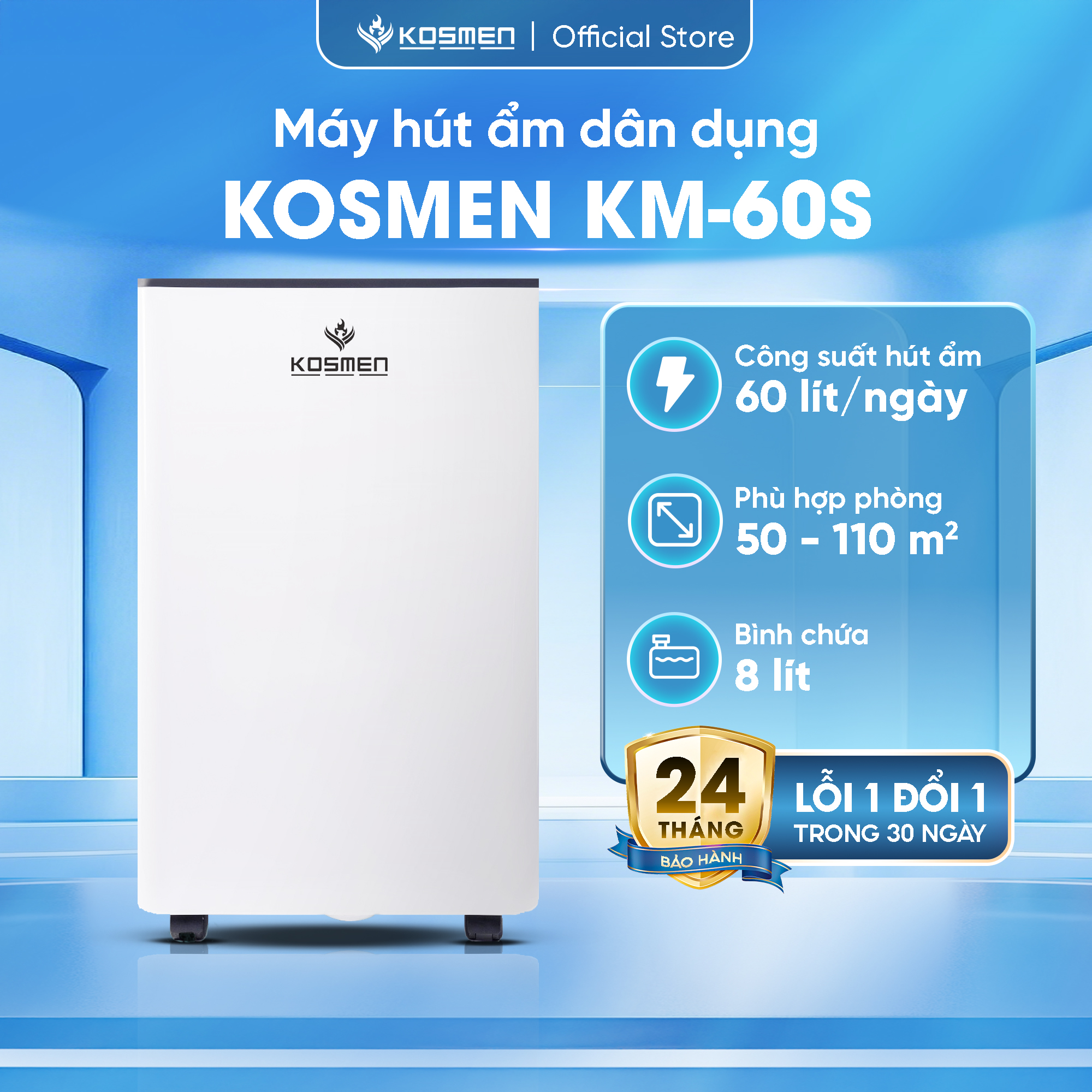 Máy Hút Ẩm Kosmen KM-60S Công Suất 60 lít/ngày, Công Nghệ Ion Âm - Hàng Chính Hãng