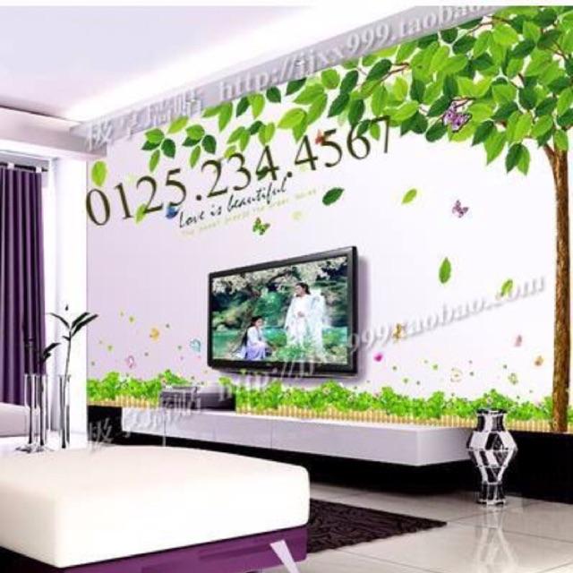 Decal dán tường combo cây tán rộng to nhất + vườn hoa cỏ 3 lá