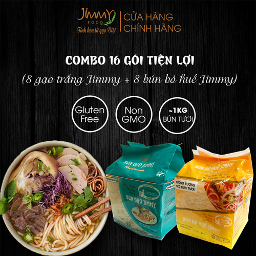 Combo 8 gói bún gạo Jimmy túi 250 gram + 8 gói bún bò Huế Jimmy túi 250 gram - Thùng 4kg