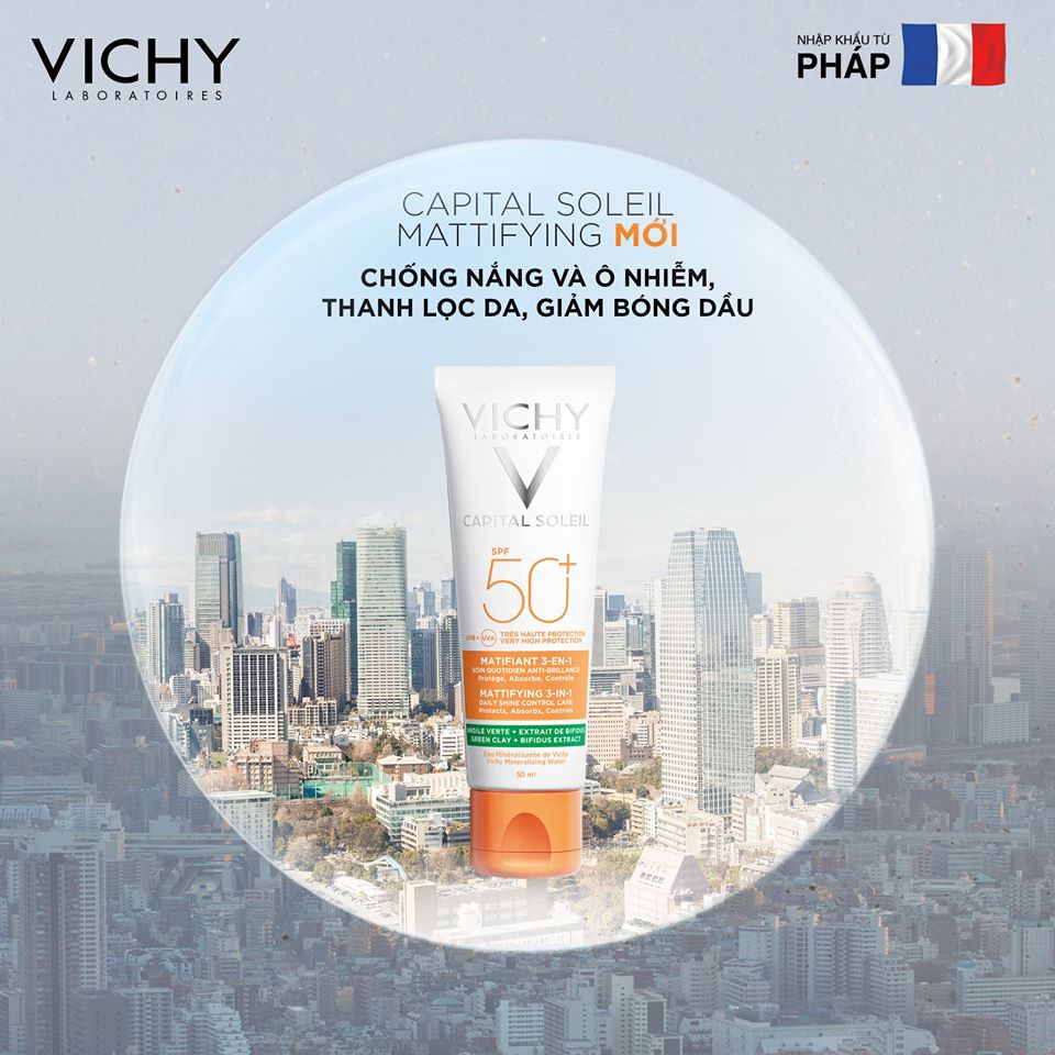 Kem Chống Nắng Vichy Capital Soleil Mattifying 3 in 1 Chống Ô Nhiễm Và Bụi Mịn Hàng Ngày SPF50+ Chống Tia UVA UVB 50ml