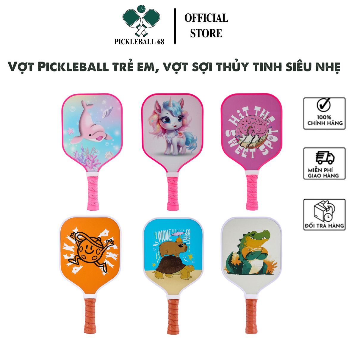 [Hoả tốc Hà Nội] Vợt pickleball trẻ em sợi thuỷ tinh siêu nhẹ, tay cầm chống trơn trượt, bề mặt fiber glass - Hàng chính hãng