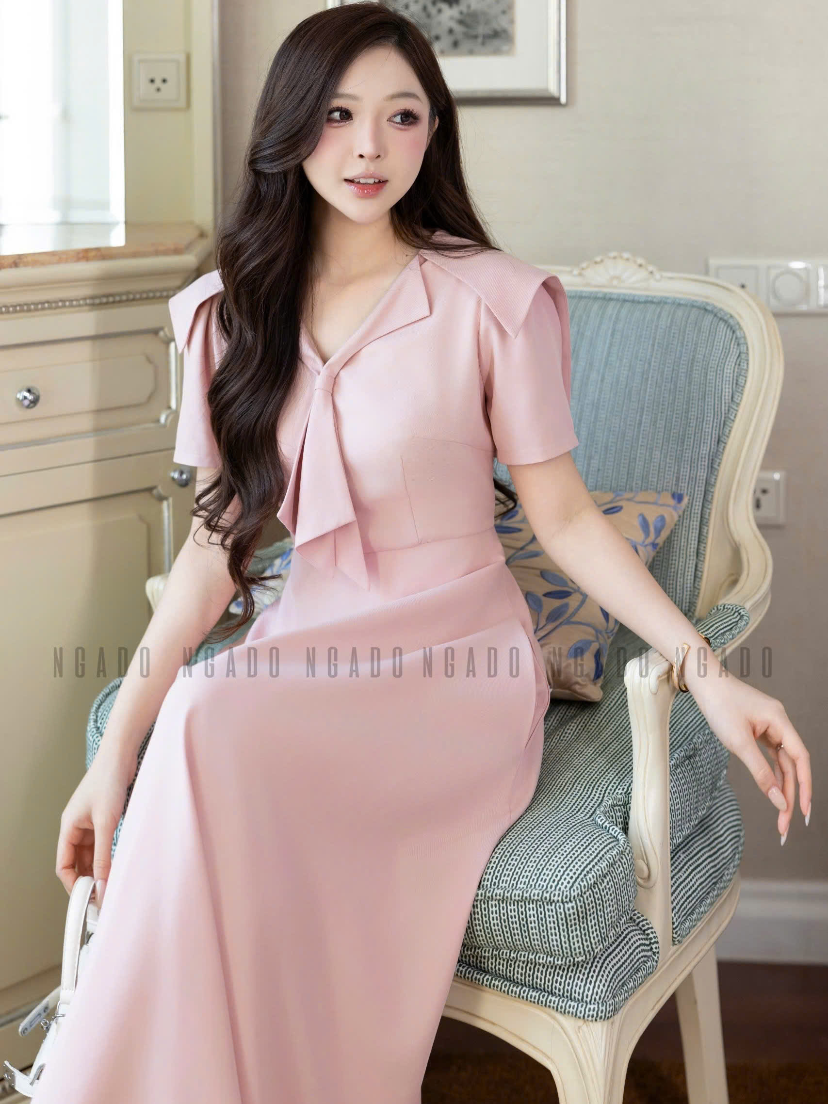 Đầm hồng cổ thủy thủ NGADO , đầm xòe , đầm dáng dài , đầm công sở
