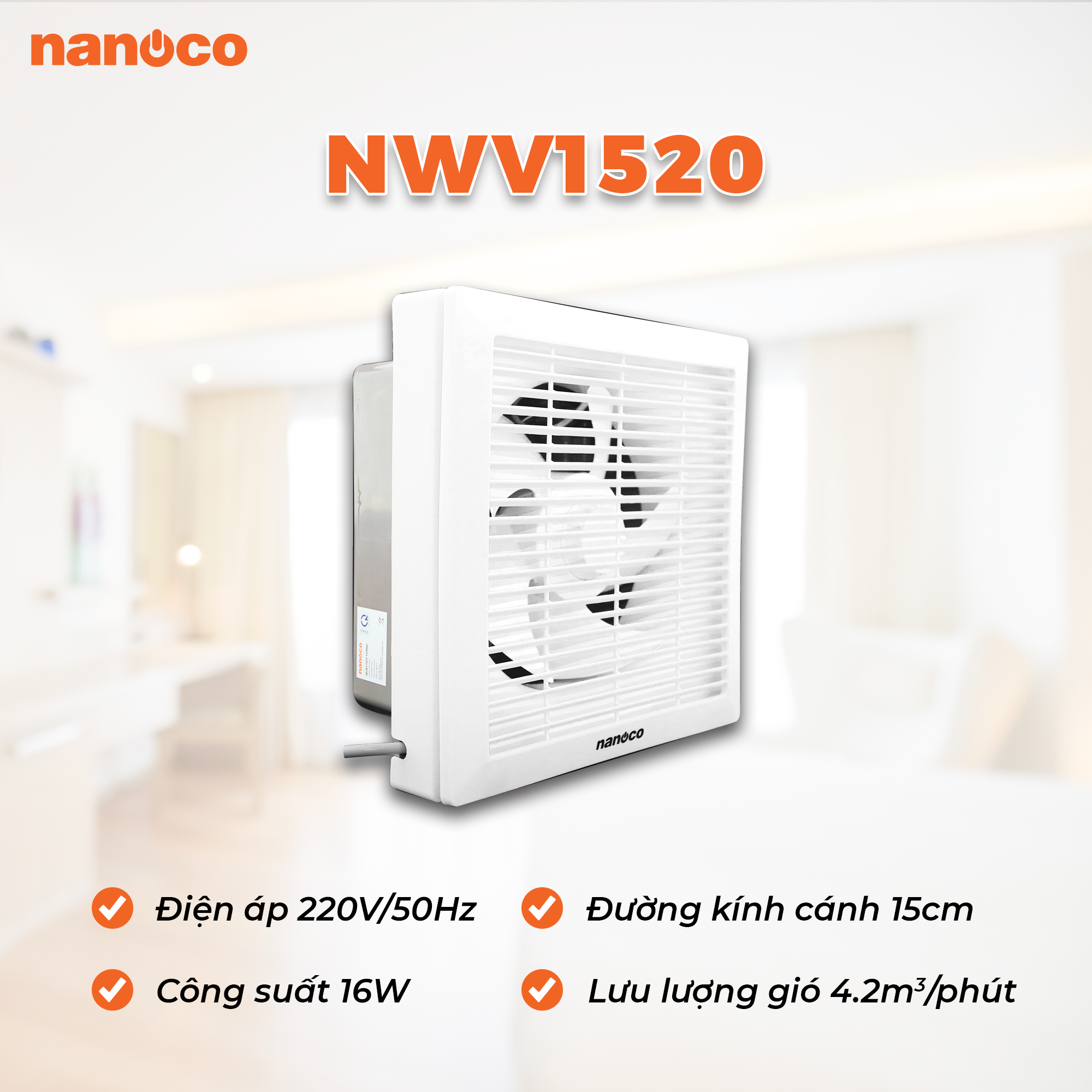Quạt thông gió gắn tường 1 chiều Nanoco NWV1520 - Hàng chính hãng