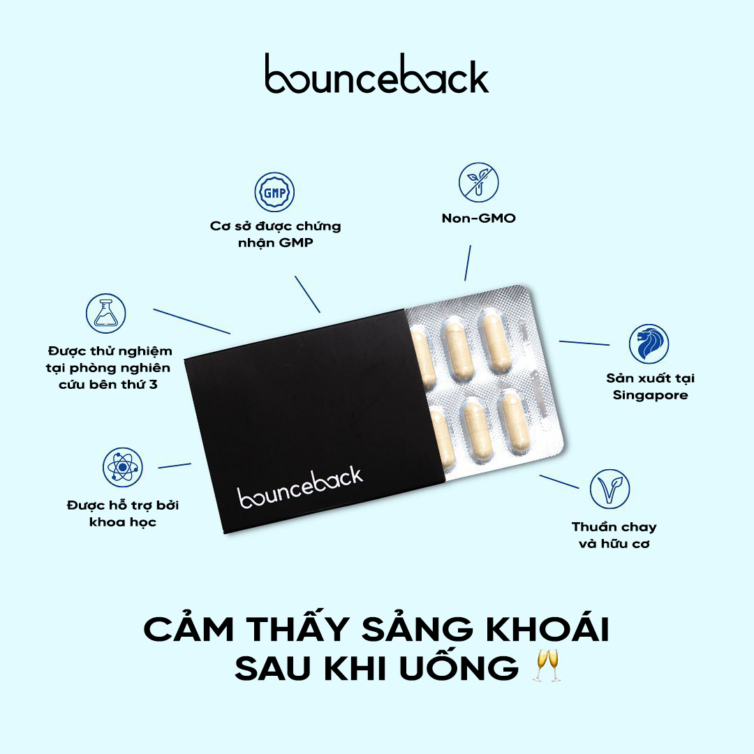 Bounceback - Thuốc giải rượu, hỗ trợ giải độc và bảo vệ gan, hạn chế các triệu chứng như mẫn đỏ, buồn nôn sau những cơn say - Sản phẩm hàng đầu Singapore - Hộp 40 viên