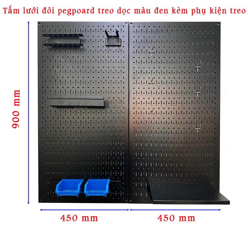 Tấm lưới đôi pegboard treo dọc màu đen kèm phụ kiện treo