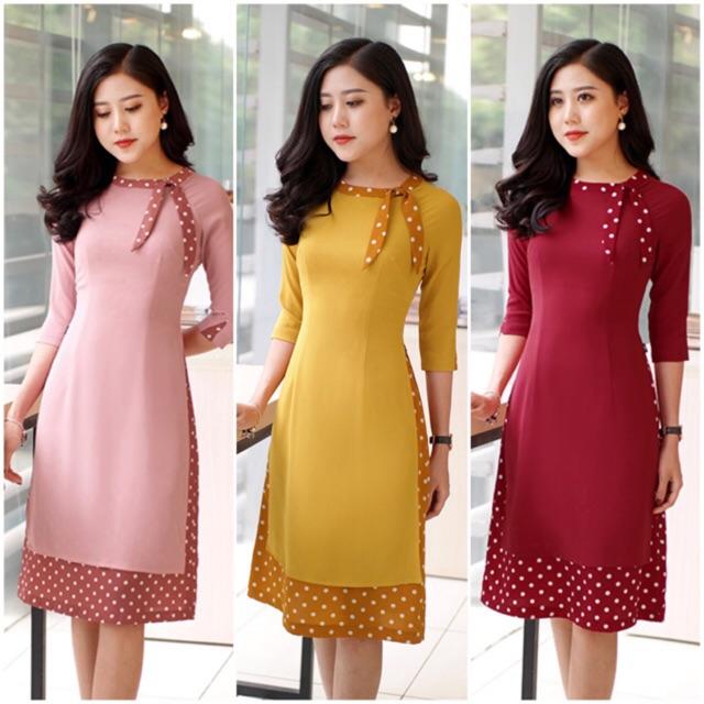 Đầm giả áo dài nơ cổ