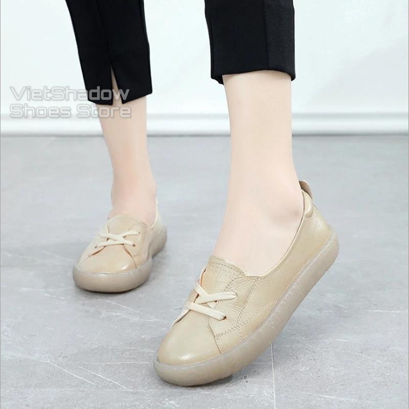 Slip on da nữ - Giày lười da nữ dáng bè - Da bò xịn, 3 màu (be), (trắng) và (đen) - Mã SP 525