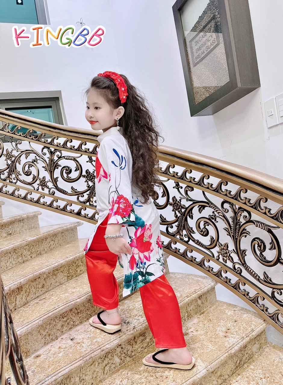 Áo dài tết cách tân cho bé gái mẫu Hoa sen trắng đỏ nổi bật từ 12-40kg hàng thiết kế cao cấp (kèm cài tóc)