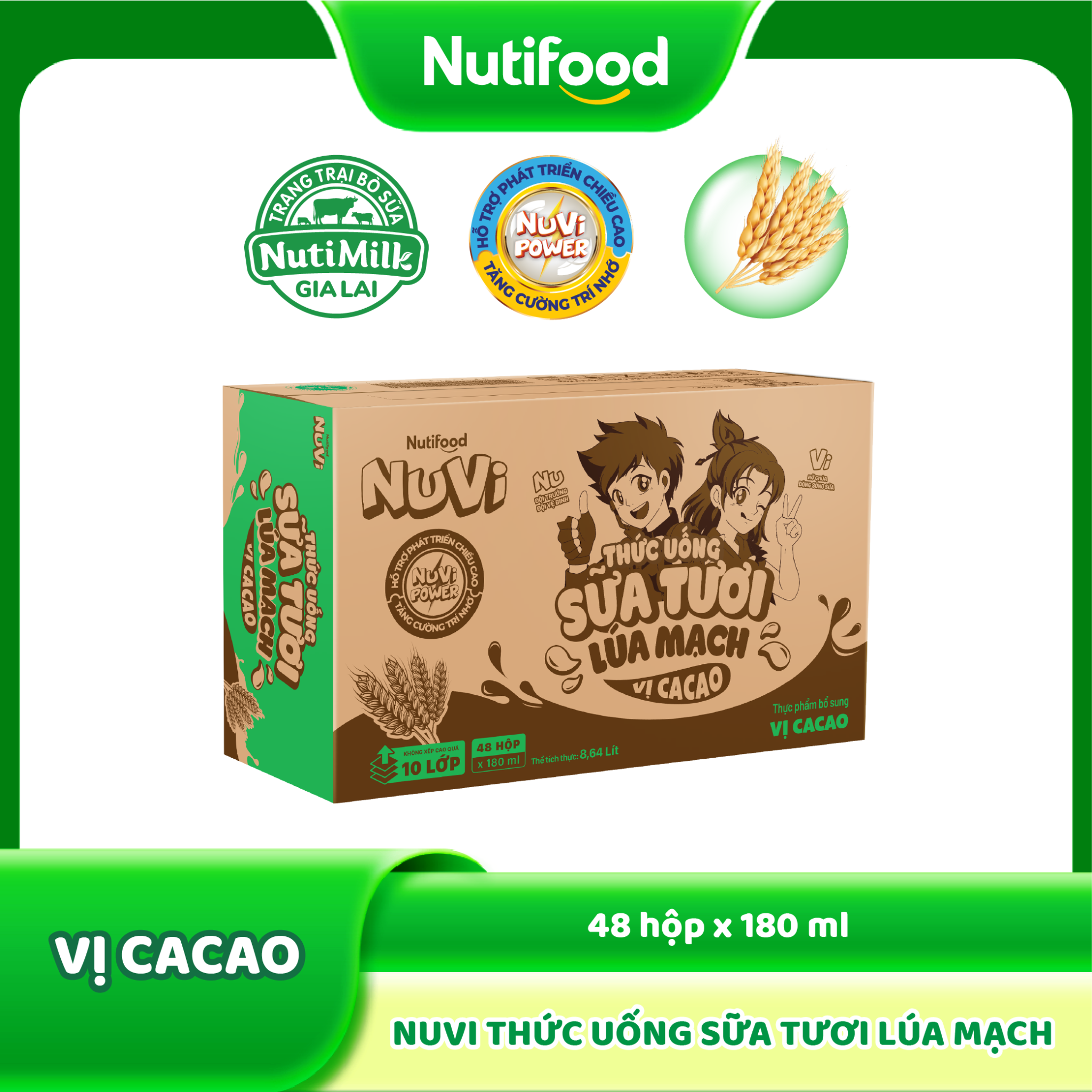 Thùng 48 hộp Sữa Tươi Lúa Mạch Nuvi Vị Ca Cao 180ml - Phát Triển Chiều Cao, Tăng Cường Trí Nhớ