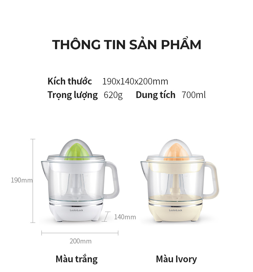 Máy Vắt Cam Lock&amp;Lock 700ml màu trắng ngà EJJ231IVY - Hàng Chính Hãng, Xoay Ép 2 Chiều Cho Nhiều Nước Cam, Bảo Hành 24 Tháng - JoyMall
