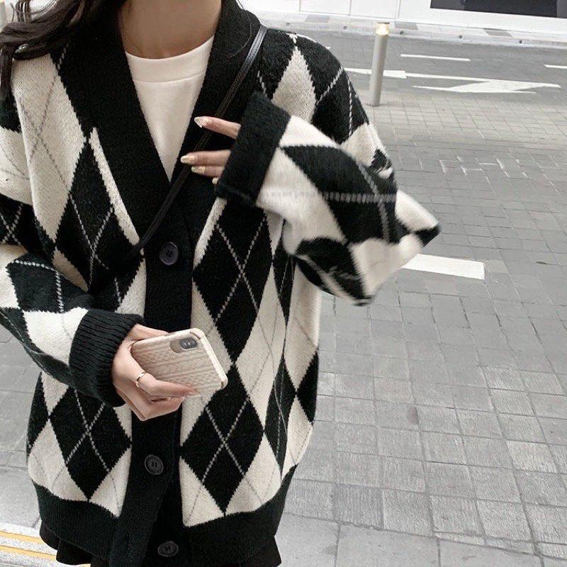 Áo Khoác Cardigan Len Nữ Kẻ Sọc Caro Kim Cương Đen Trắng, Cadigan Len Dày Phong Cách Hàn Quốc, Labibi