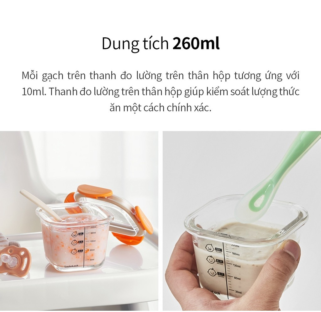 Bộ 3 hộp thủy tinh đựng thức ăn dặm cho bé Lock&amp;Lock 230ml x 3 hộp LLG508S3 - Hàng chính hãng, có vạch chia - JoyMall