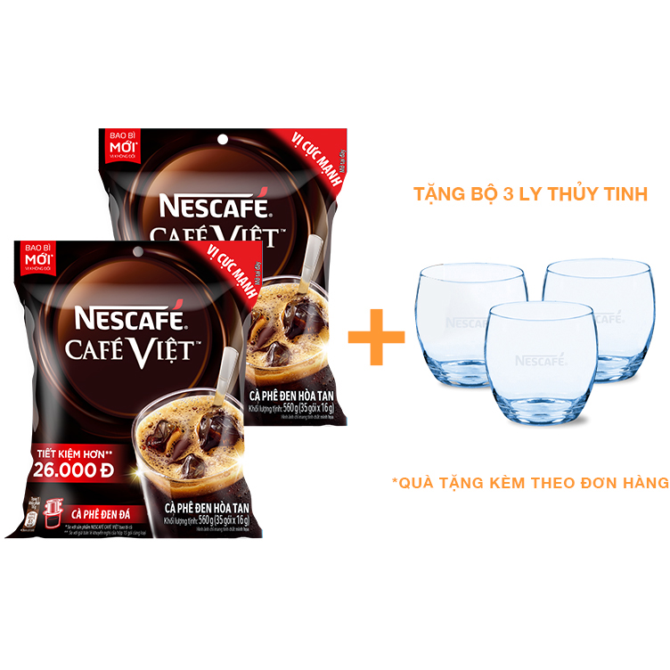 Combo 2 bịch cà phê hòa tan Nescafé café Việt cà phê đen đá (Túi 35 gói x 16g) - [Tặng bộ 3 ly thủy tinh]